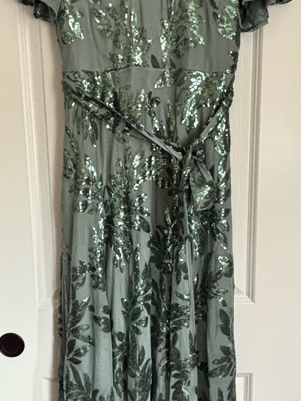 Baltic Born Eucalyptus Sequin Leaf Maxi Dress with Belt